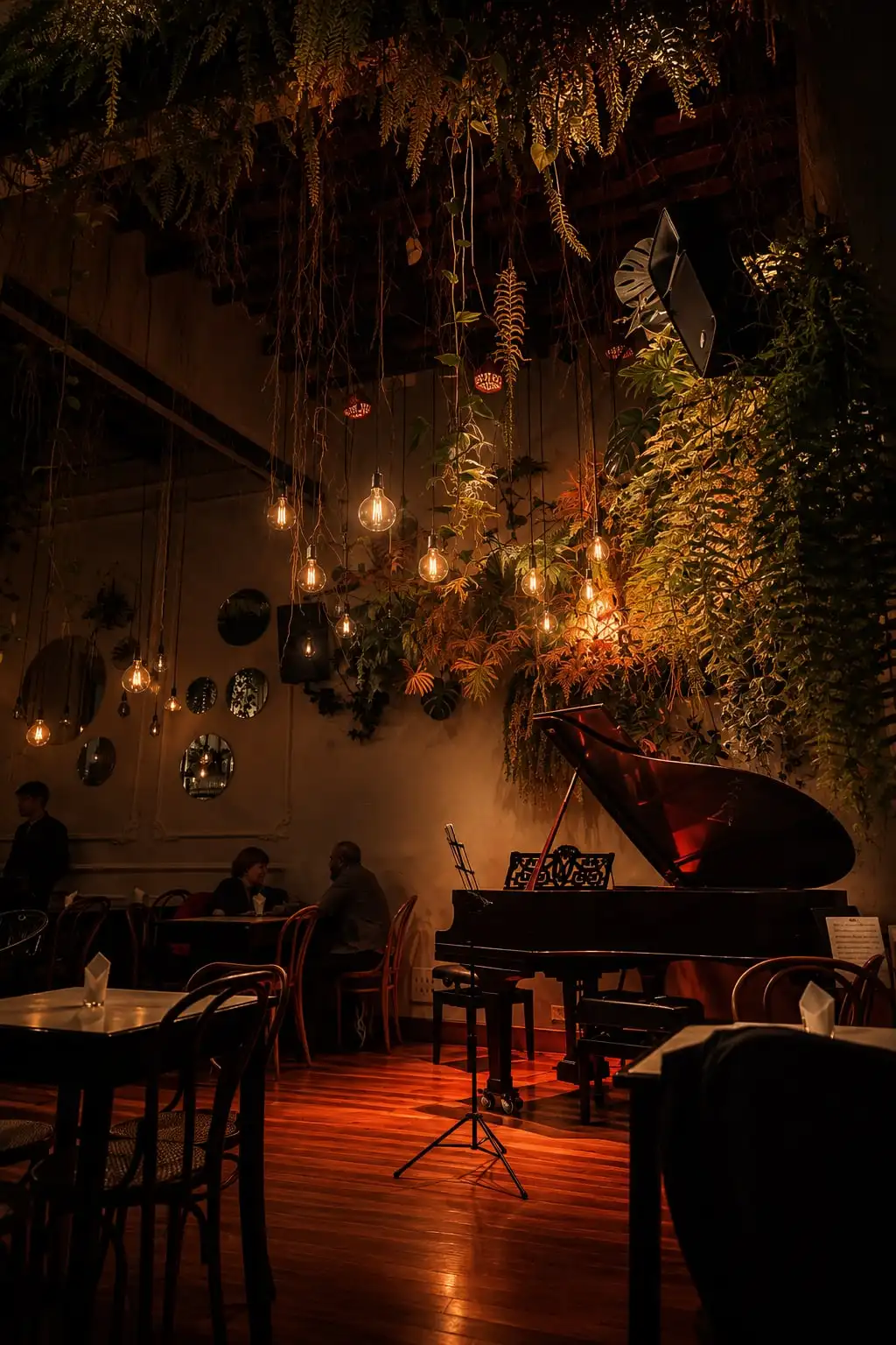 Un salón con plantas colgando del techo, guirnaldas de luces, un piano de cola y mesas.