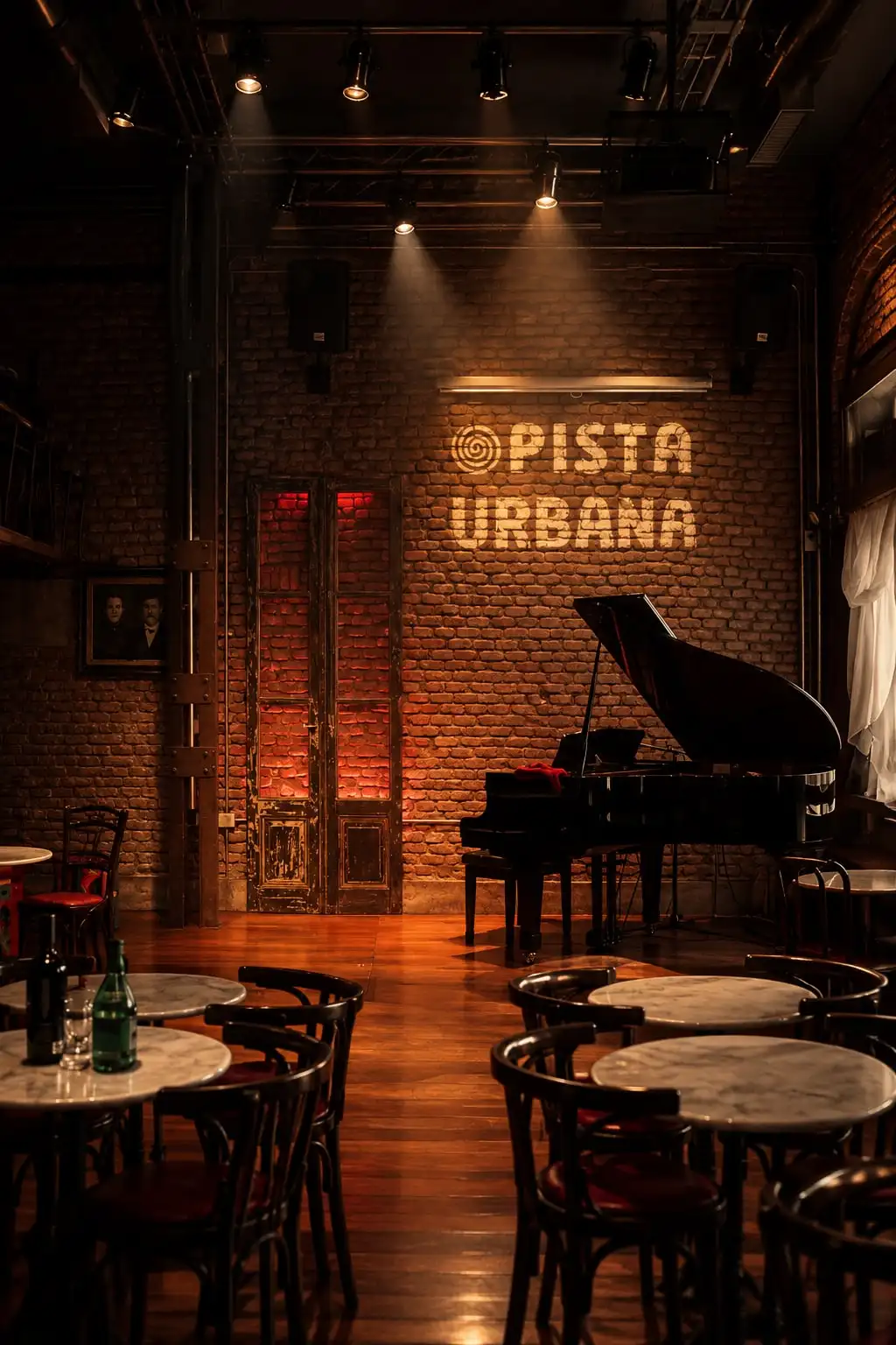 Un salón con mesas de mármol y sillas de madera, un piano de cola y el nombre «Pista Urbana» iluminado sobre la pared de ladrillo.