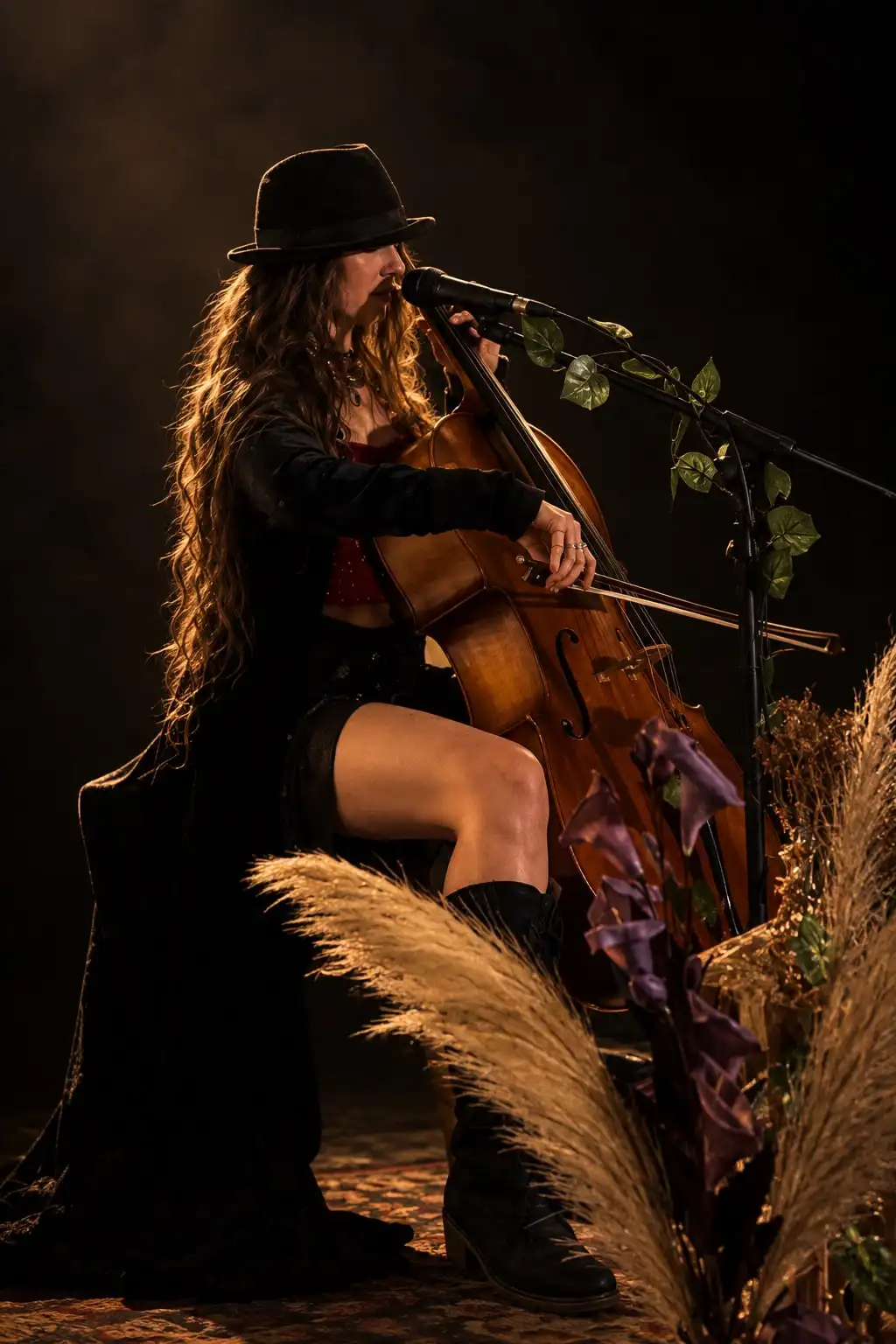 Una mujer de sombrero toca el violonchelo y canta, entre plumas de pampa.