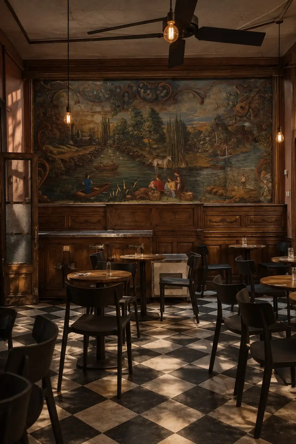 Salón con piso en damero, mesas y sillas de madera, y un gran mural antiguo en la pared del fondo.