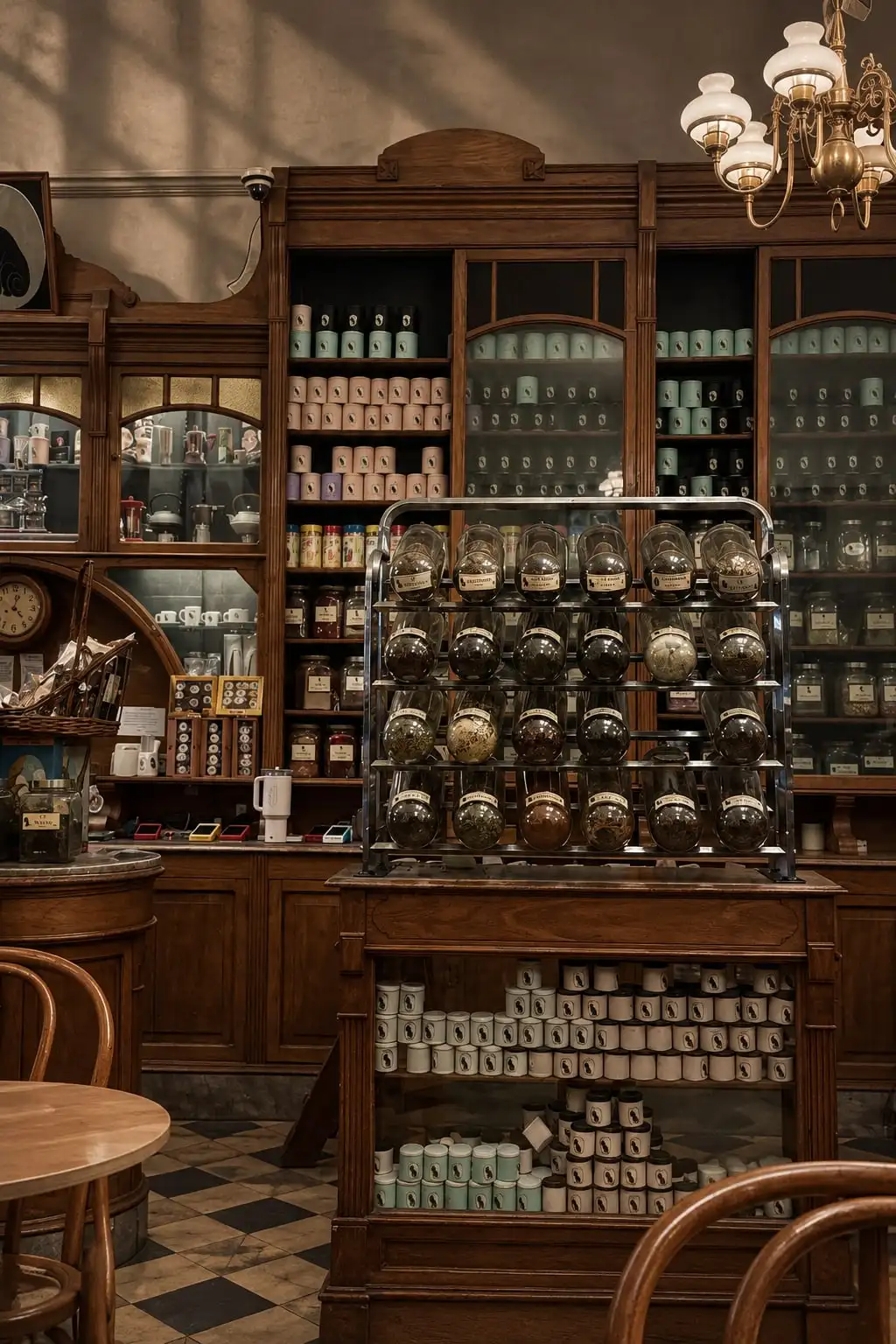 Mostrador y estantes de madera llenos de frascos y latas de especias, con mesas de café adelante.