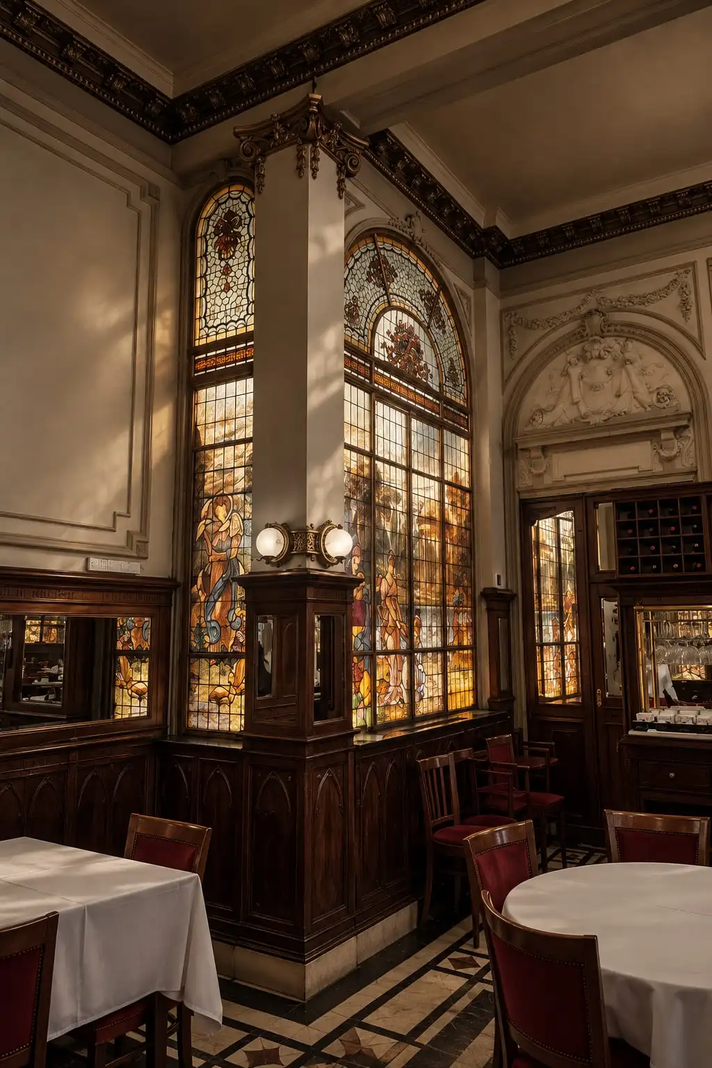 Esquina de una confitería con ventanales de vitrales de colores, boiserie y mesas con mantel blanco.