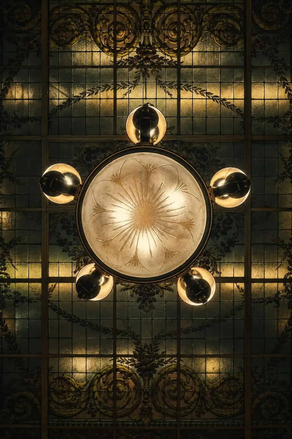 Una lámpara antigua de globos de vidrio vista desde abajo, en el centro de un vitral verde con arabescos.