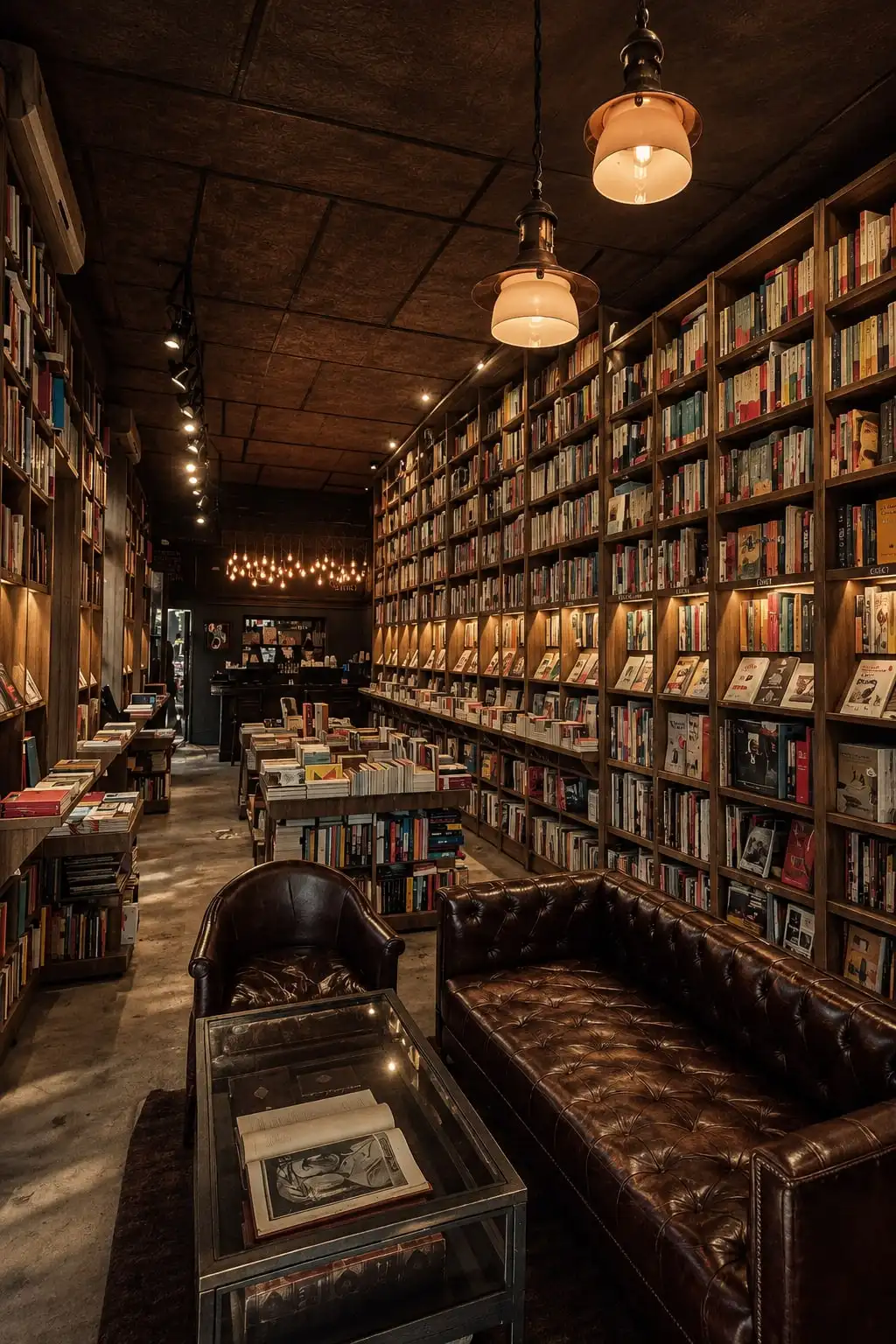 Librería en penumbra con una pared de libros iluminada y sillones de cuero junto a una vitrina.