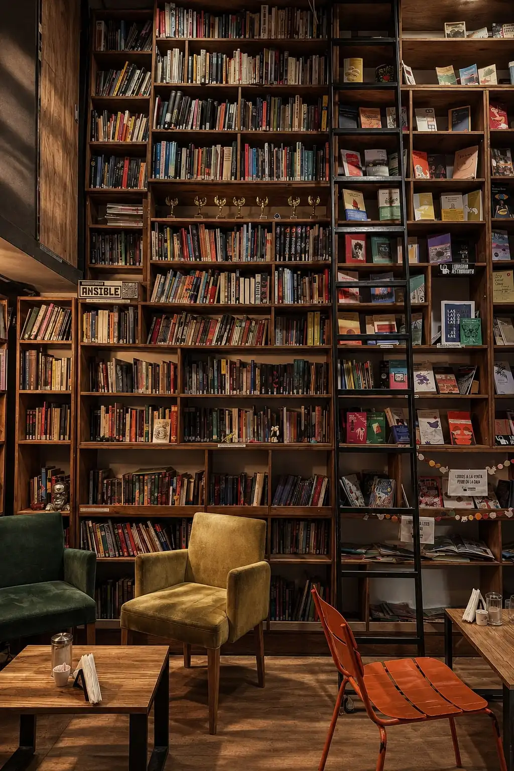 Una pared de estantes llenos de libros, con sillones y mesas bajas de café adelante.