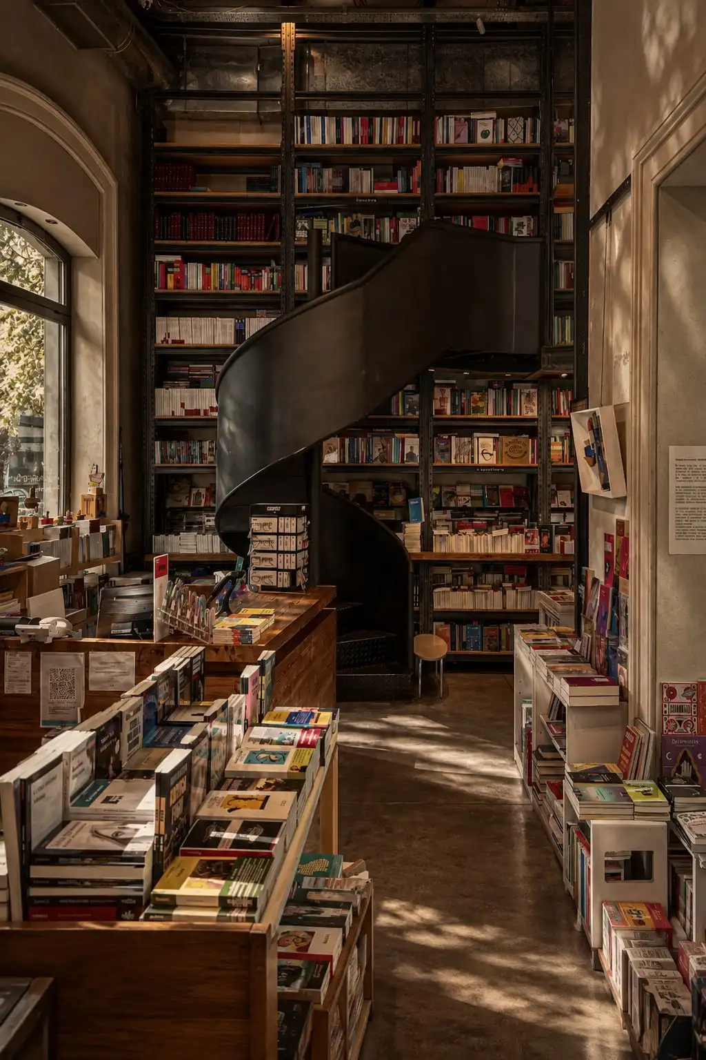 Librería de techos altos con una escalera caracol de hierro negro entre los estantes.