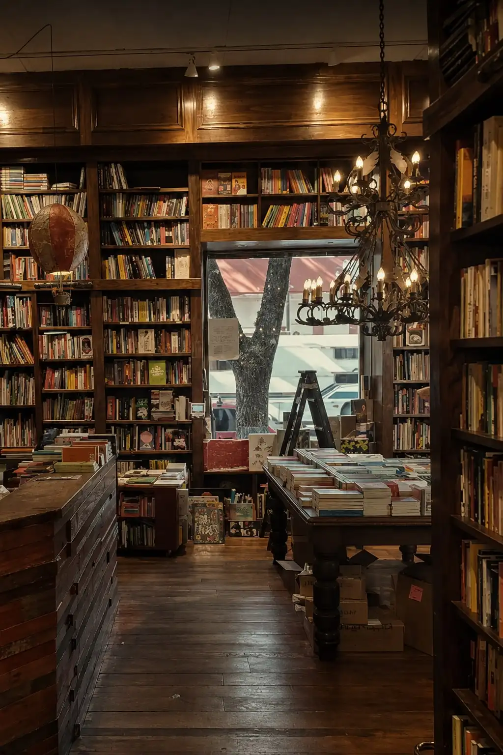 Sala de librería con estantes de madera, mesas de novedades y una araña, con la vidriera al fondo.