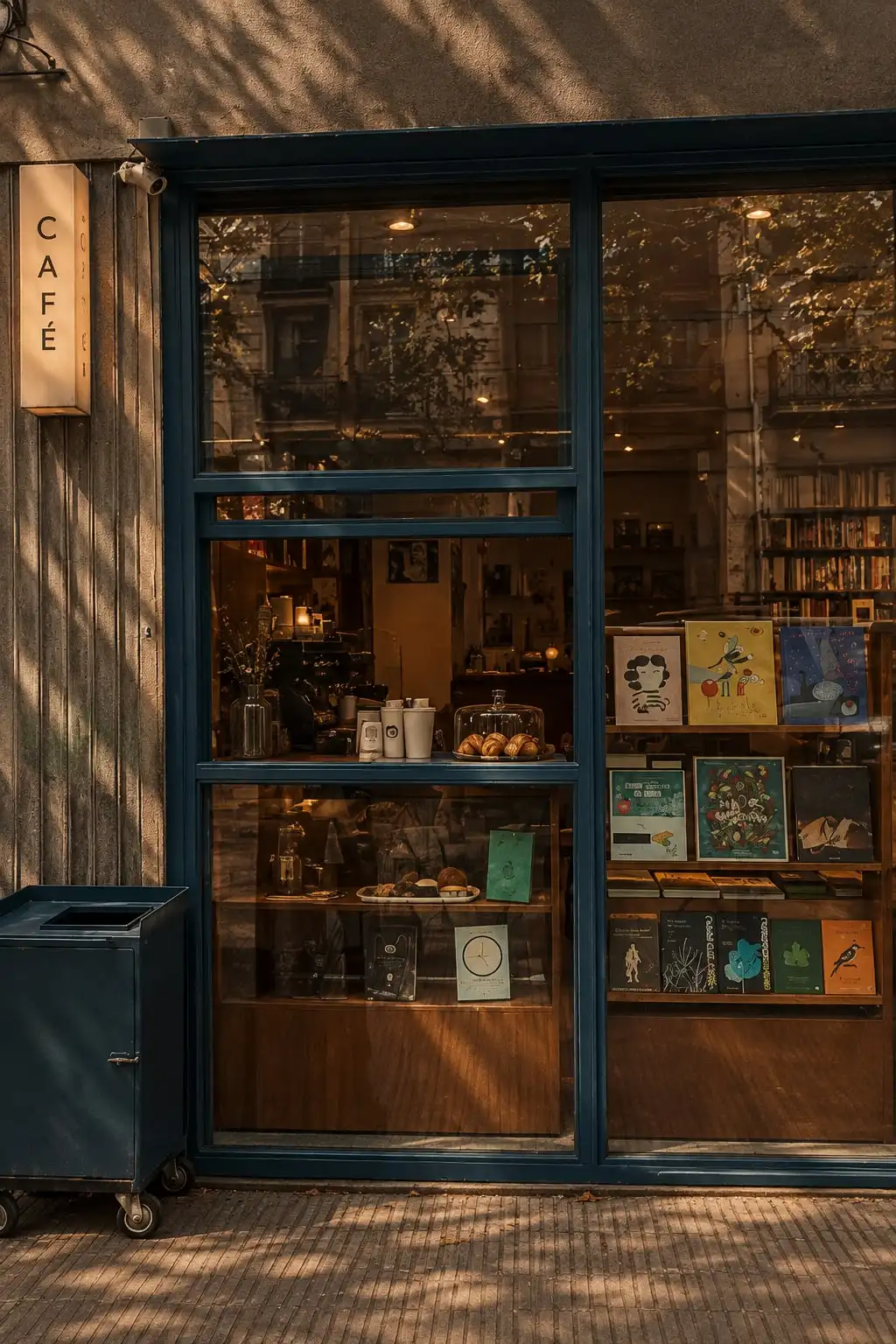 Fachada de un local con marco azul y un cartel que dice «Café»; en la vidriera, libros y una barra con medialunas.