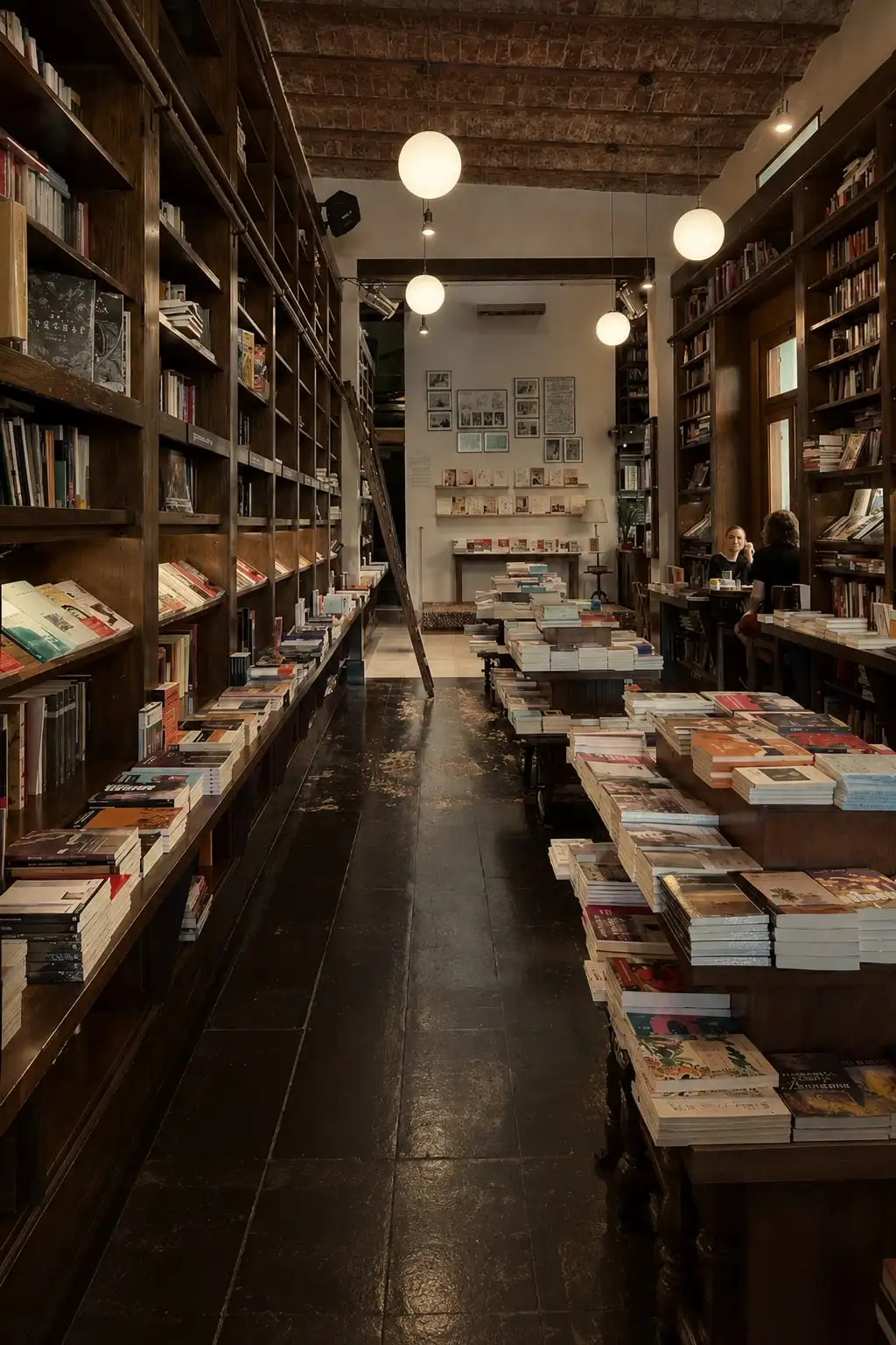 Pasillo largo entre estantes y mesas cubiertas de libros, con lámparas redondas y mesas de café al fondo.