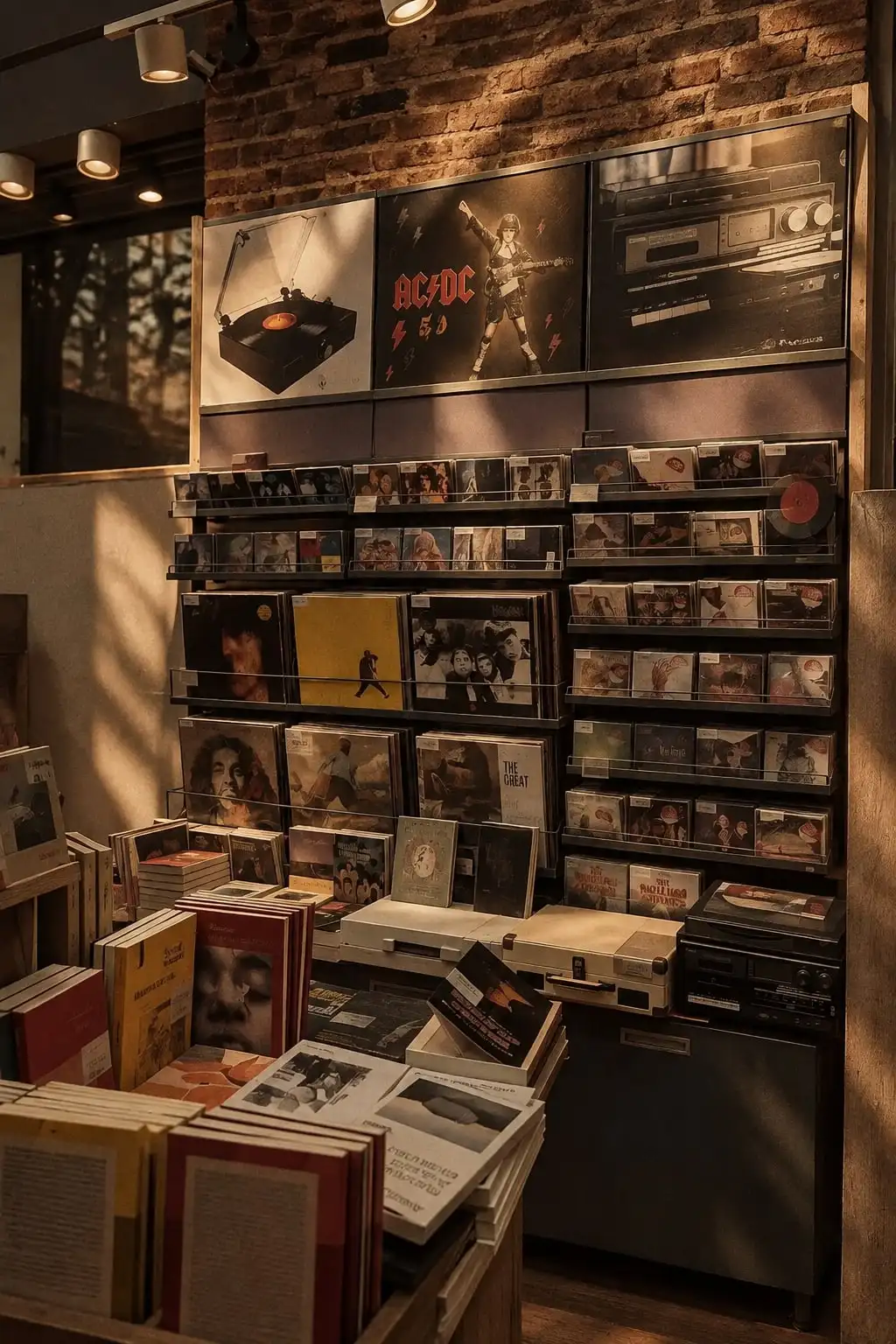 Rincón de una librería con pared de ladrillo, discos y vinilos en exhibición y mesas con libros.