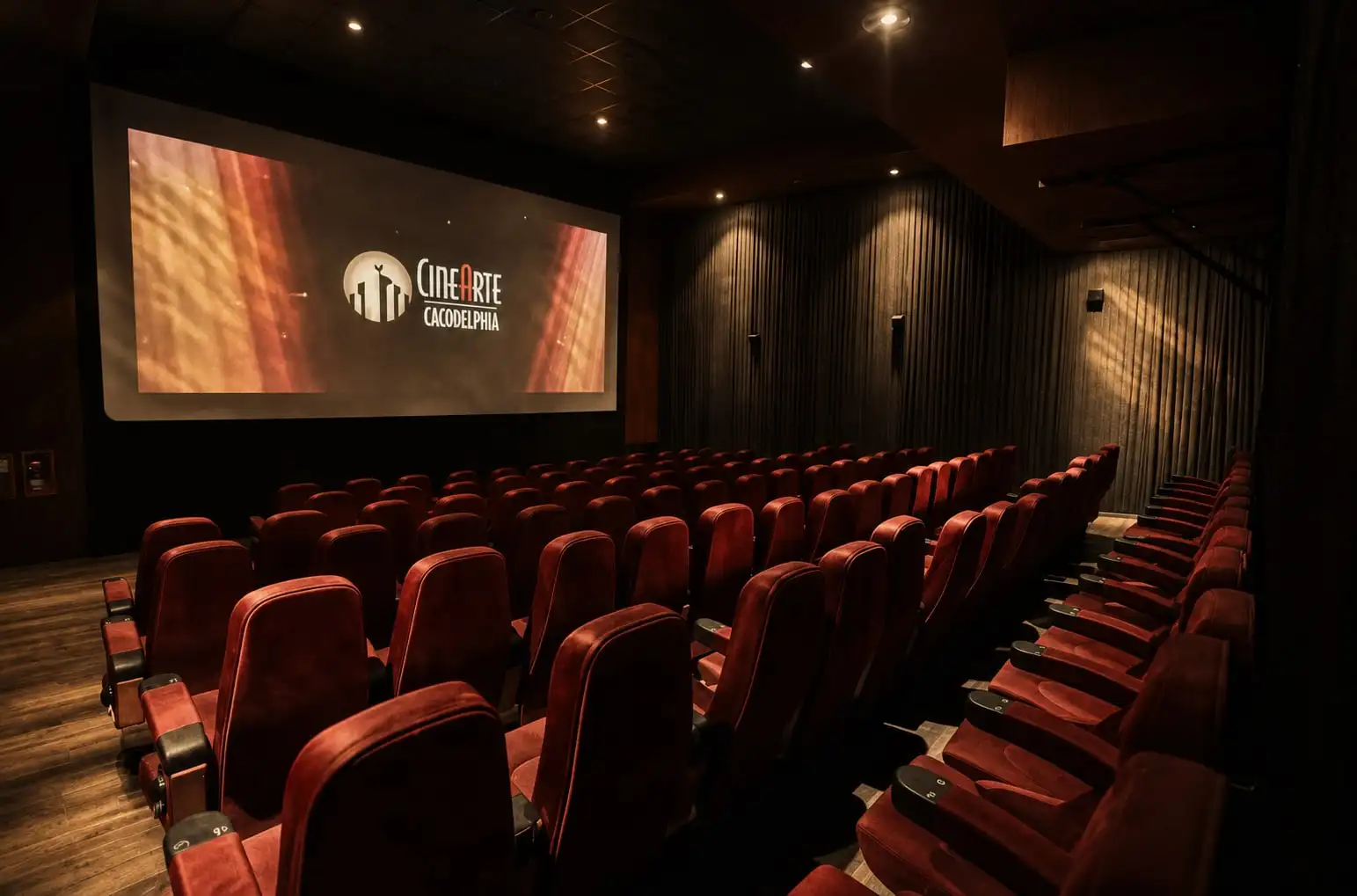 Una sala de butacas rojas en penumbra, con el logo de Cine Arte Cacodelphia en la pantalla.