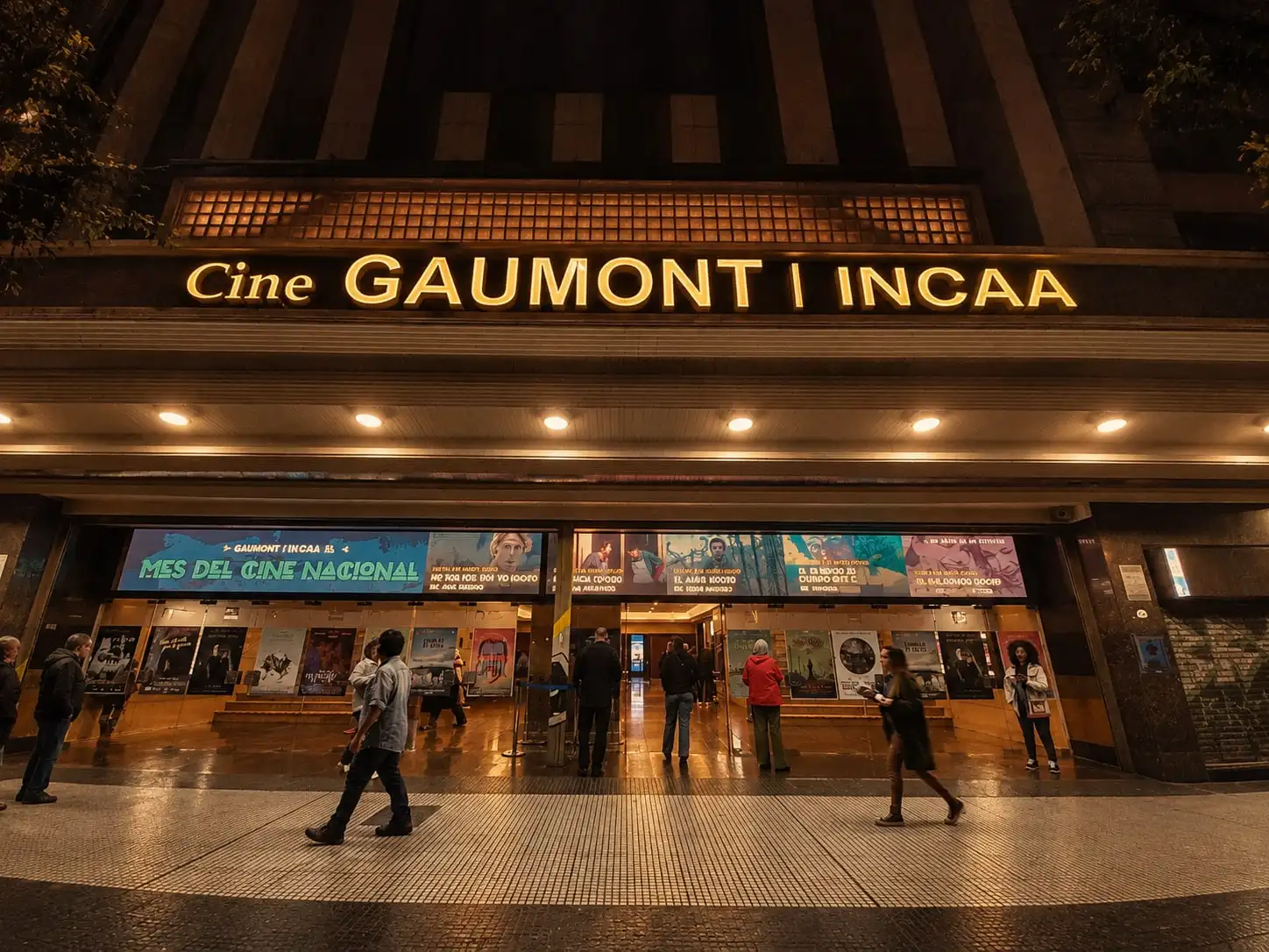 La entrada del Cine Gaumont INCAA de noche, con la marquesina encendida y gente en el hall.