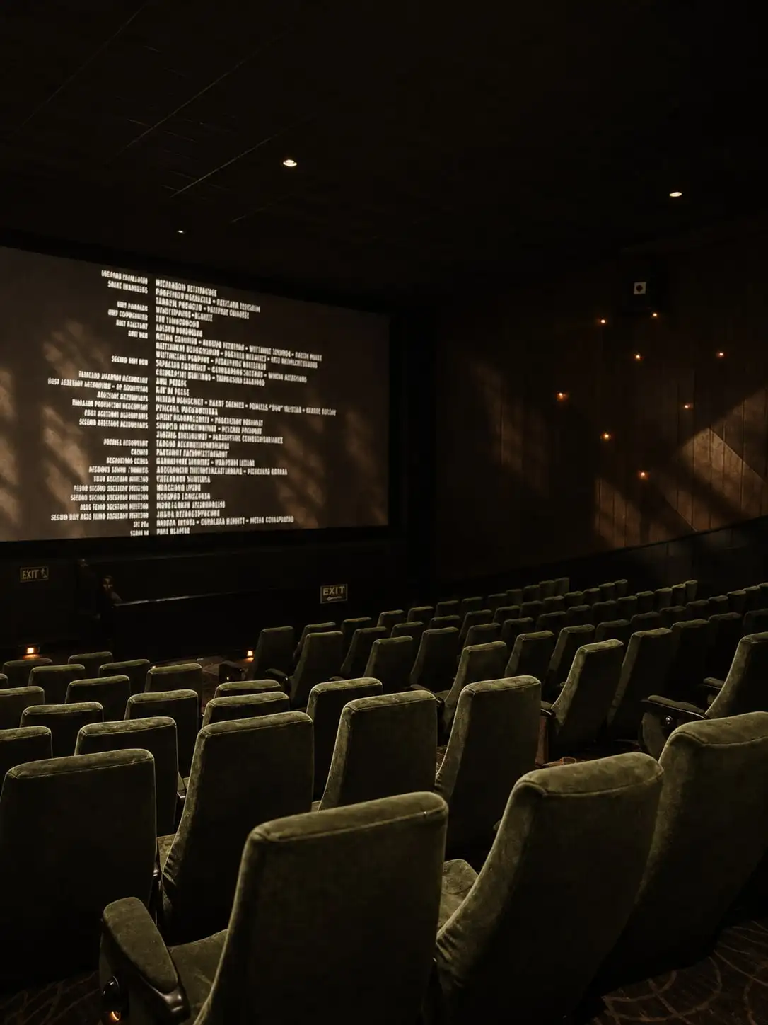 Una sala de butacas verdes vacía, con los créditos finales en la pantalla.