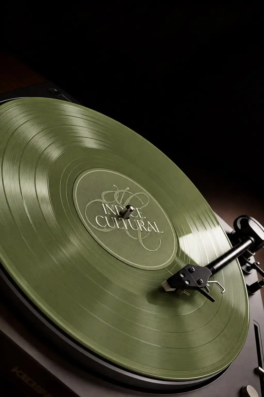 Un vinilo verde con la etiqueta de Índice Cultural girando en una bandeja, con la púa apoyada.