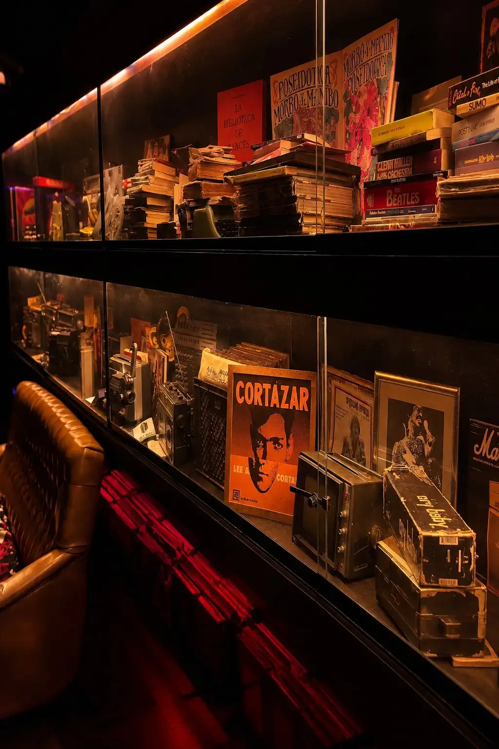 Vitrina iluminada con libros, discos y casetes apilados, entre ellos una tapa naranja con el nombre de Cortázar.