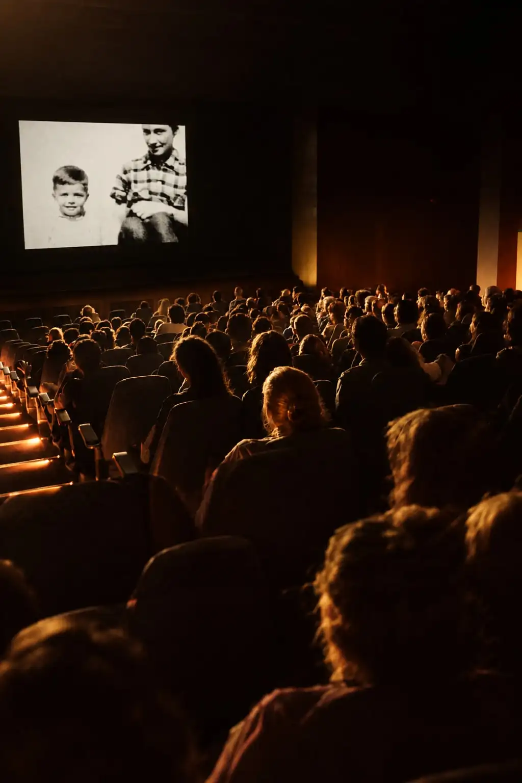 Una sala de cine llena vista desde atrás, con el público a contraluz mirando una película en blanco y negro.