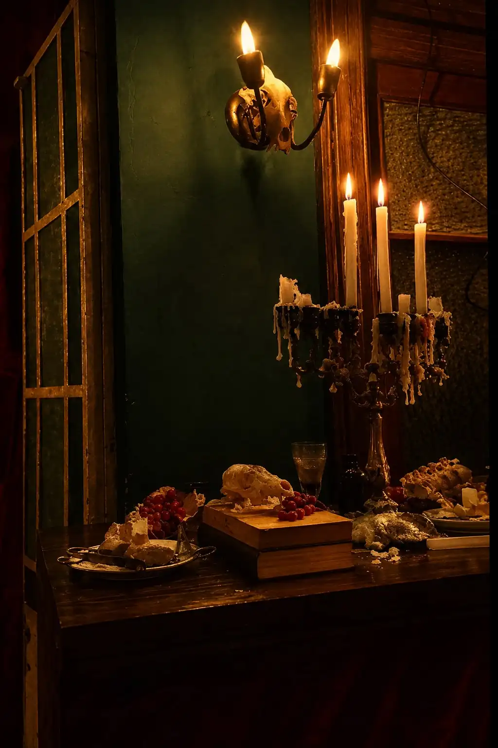 Una mesa con velas derretidas en un candelabro, calaveras y platos servidos, contra una pared verde oscura.