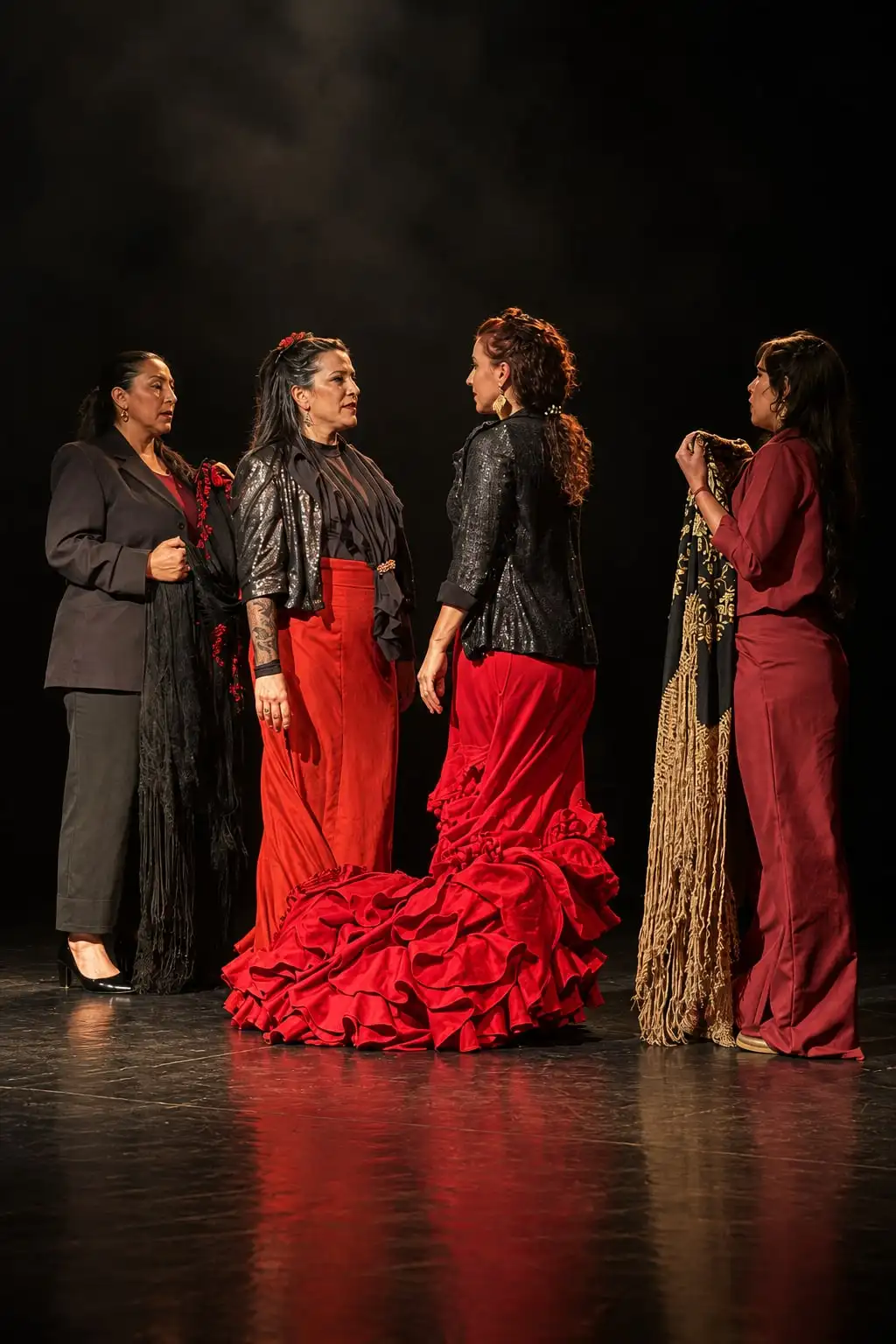 Cuatro bailaoras conversan en ronda sobre el escenario; una lleva una falda roja de volados.