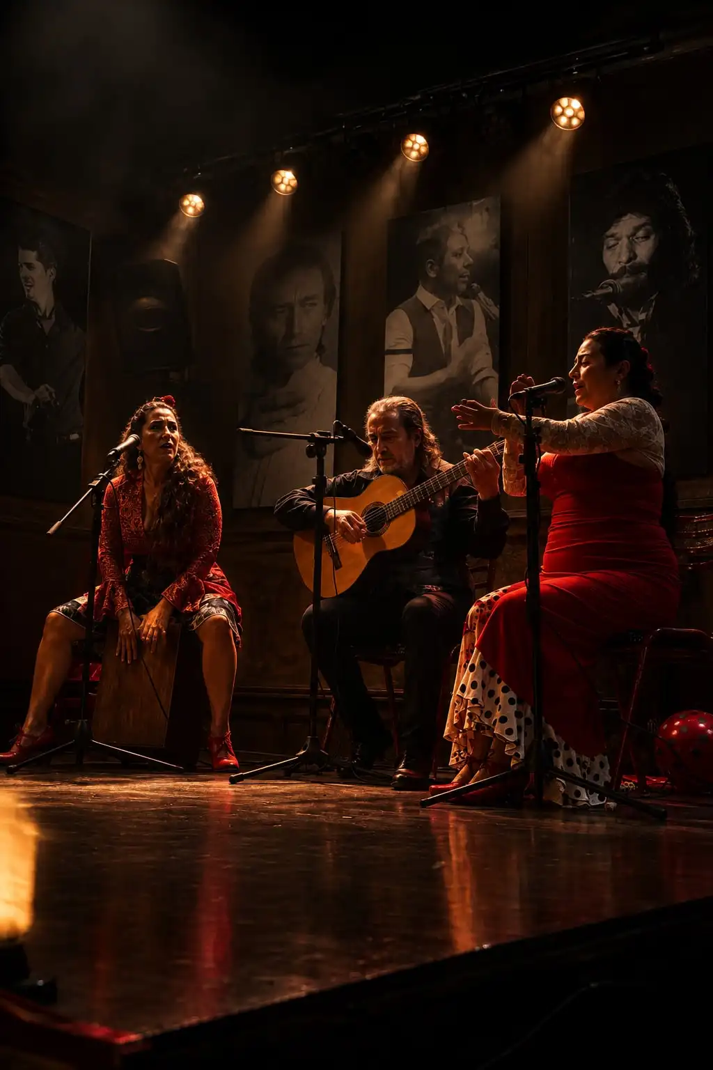 Un guitarrista, una cantaora y una percusionista tocan sentados en un escenario chico, con retratos en la pared del fondo.