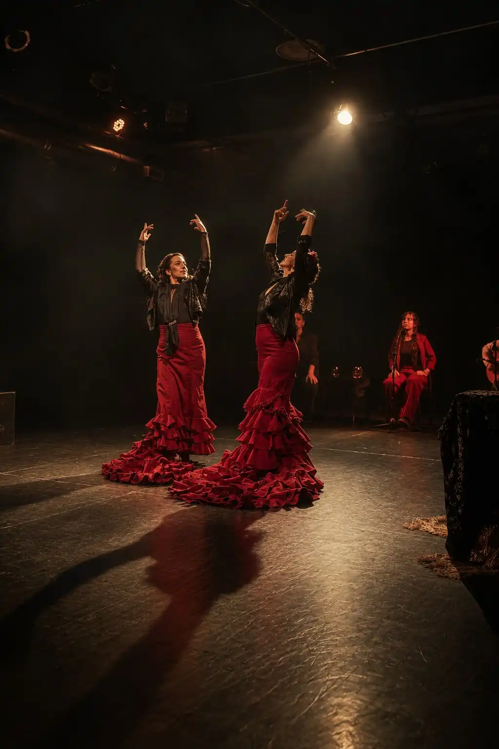 Dos bailaoras de vestido rojo con volados levantan los brazos en un escenario oscuro, iluminadas desde arriba.
